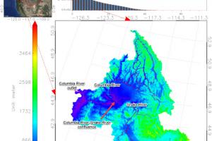 Collection of three images showing the location, surface elevation, and slope distribution of the Columbia River Basin.