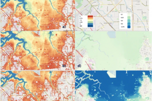 Color-coded map showing simulation of actual and counterfactual flood in South Houston and Pasadena neighborhoods